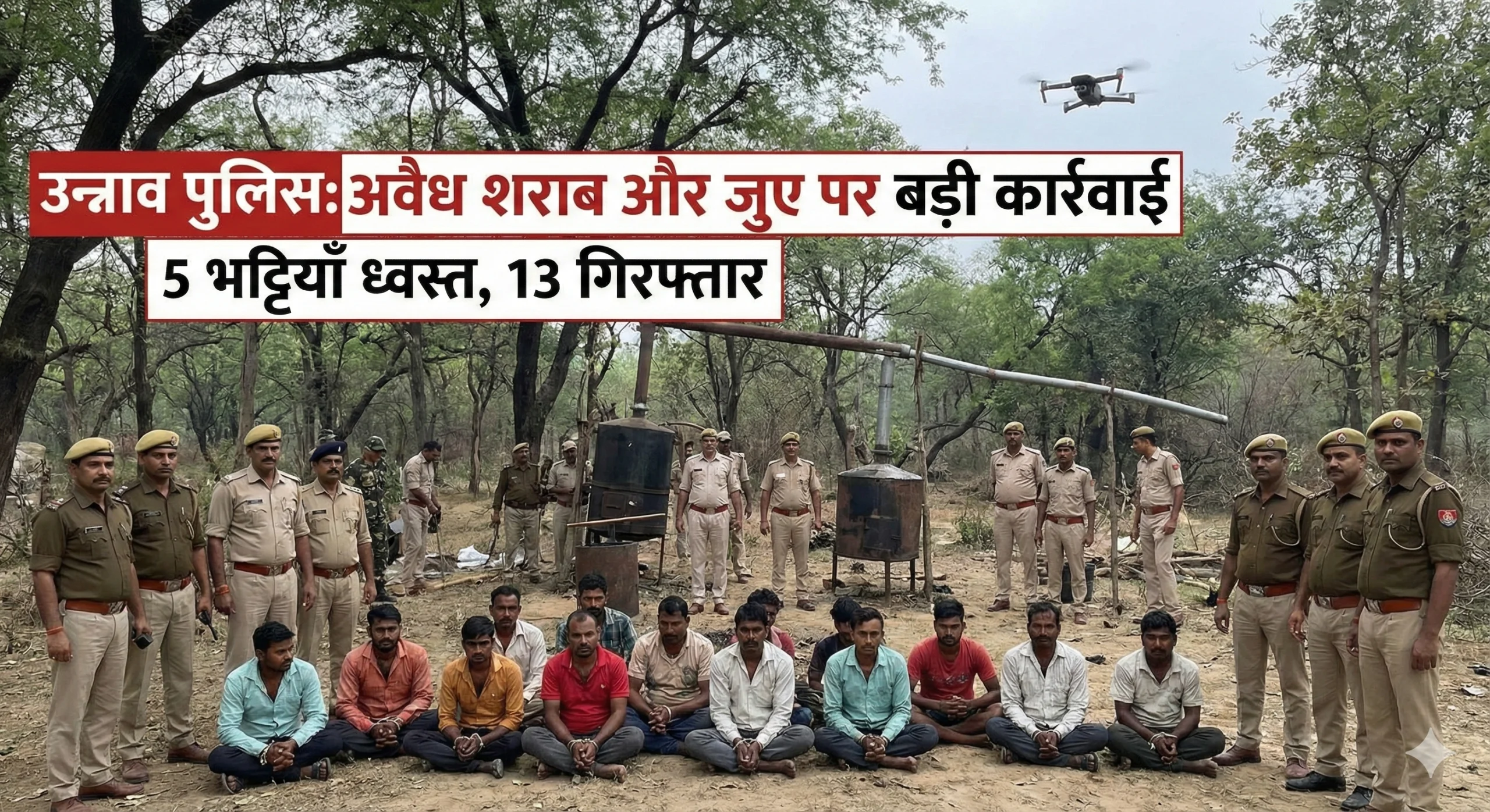 उन्नाव के जंगलों में अवैध शराब पर बड़ी कार्रवाई — ड्रोन की मदद से 5 भट्टियाँ ध्वस्त, 13 जुआरी गिरफ्तार